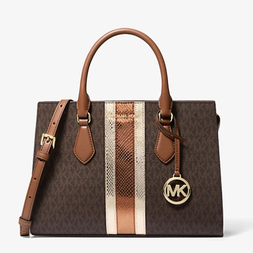 Michael Kors Sheila Medium Signature Logo and Metallic Satchel Crossbody CZ NWT